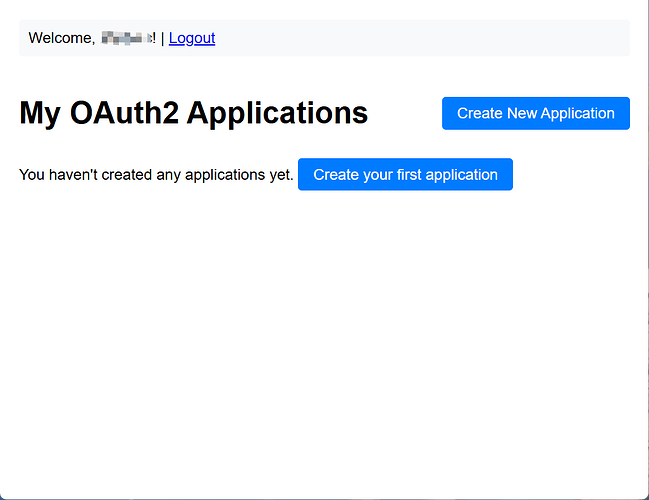 A interface do usuário para um painel de aplicativos Open Authorization 2.0 (OATH2) com opções para criar um novo aplicativo. (Legenda por IA)