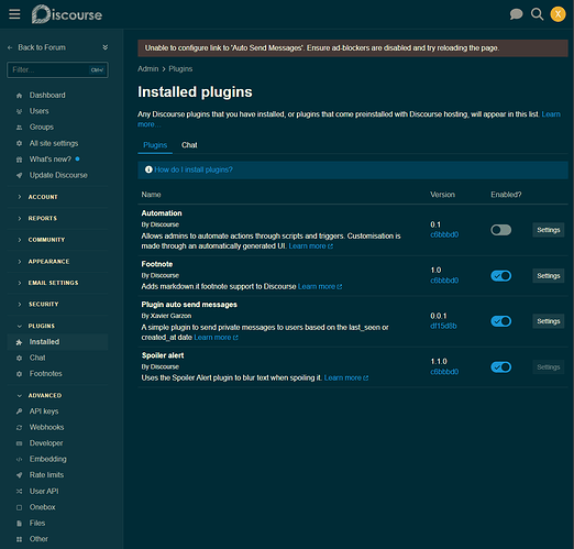 The image shows the Discourse plugin management interface displaying several installed plugins, including "Automation," "Footnote," and "Plugin auto send messages," with their versions and status options. (Captioned by AI)