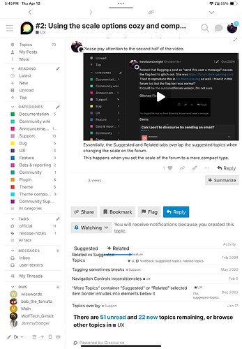 This image shows a forum setting where user UX has received a notification about suggested and related topics overlapping on the forum, occurring when the forum scale is set to a more compact type. (Captioned by AI)