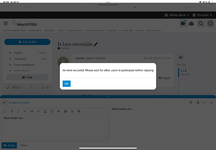 A imagem mostra uma interface de chat em um site com uma mensagem de erro indicando um atraso na resposta devido à participação de outros usuários. (Legenda gerada por IA)
