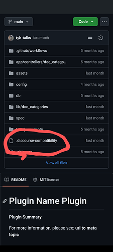 GitHub 存储库列表突出显示一个名为“discourse-compatibility”的文件，底部的标题为“插件摘要”，并要求提供有关“meta 主题的 url”的进一步信息。（由 AI 标注）