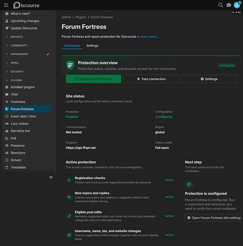 Screenshot della dashboard del plugin Forum Fortress all'interno dell'area di amministrazione di Discourse|image