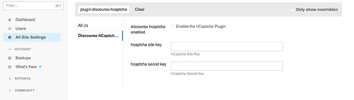 configurações do plugin hCaptcha