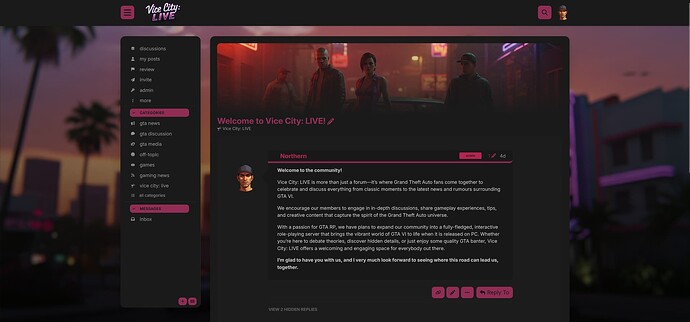 A imagem é uma captura de tela da página inicial do subreddit Vice City: LIVE! com uma postagem fixada convidando fãs a participar e se envolver em discussões e notícias sobre Vice City, juntamente com várias opções na barra lateral esquerda para pesquisar e visualizar conteúdo. (Legenda da IA)