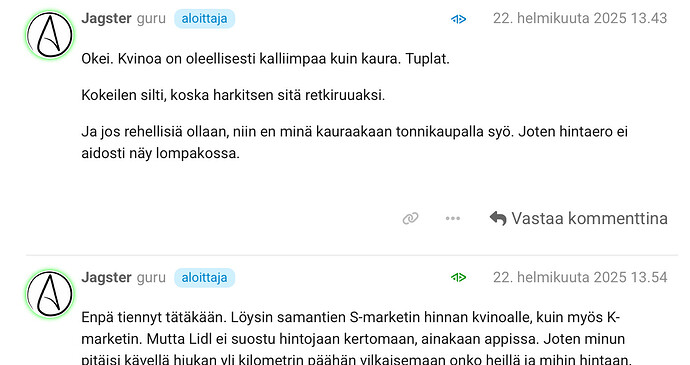 The image shows two comments in Finnish, one asking for information on a delivery location and the other agreeing with the location and mentioning the delivery status they will check. (Tekoälyn laatima kuvateksti)