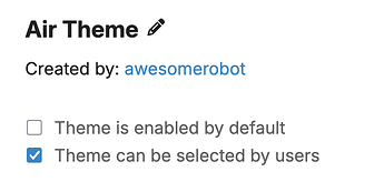 图片显示了一个名为“Air Theme”的用户界面，该主题由 awesomerobot 创建，并提供了默认启用主题和允许用户选择的选项。（由 AI 标注）