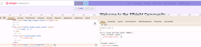 Das Bild zeigt eine Webentwicklungs-Oberfläche mit Elfsight Community mit HTML- und CSS-Code-Sichtbarkeit, die ein Webseitenlayout für ein benutzerdefiniertes Header-Panel anzeigt. (Beschriftet von KI)