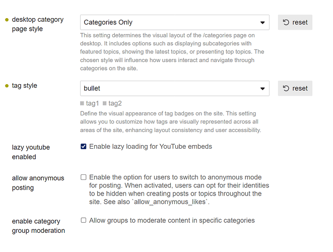 Uma página de configurações com opções para estilo da página de categoria para desktop, estilo de tag, carregamento preguiçoso de YouTube, postagem anônima e moderação de grupo de categorias. (Legenda da IA)