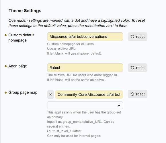 La configuración del tema incluye opciones de página de inicio predeterminadas personalizadas para todos los usuarios, una página de inicio para usuarios anónimos y un mapa de páginas de grupo para usuarios con una configuración de grupo explotada. (Subtitulado por IA)