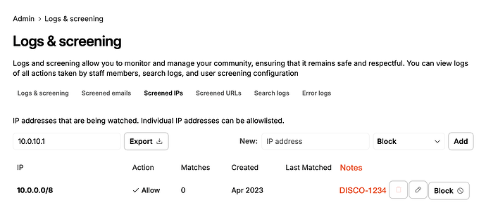 Add a "notes" field to screened ip addresses