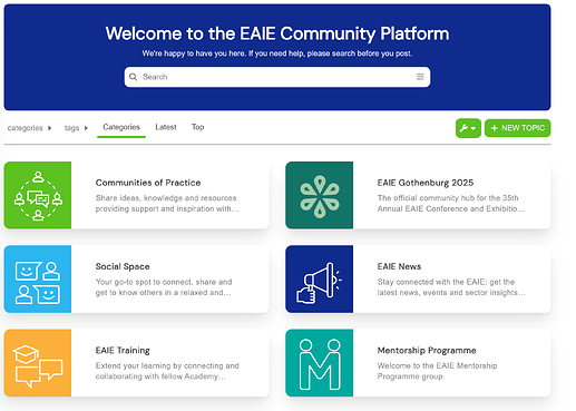 This is a screenshot of the EAIe Community Platform homepage, featuring categories, communities, and news resources with a search bar at the top. (Captioned by AI)