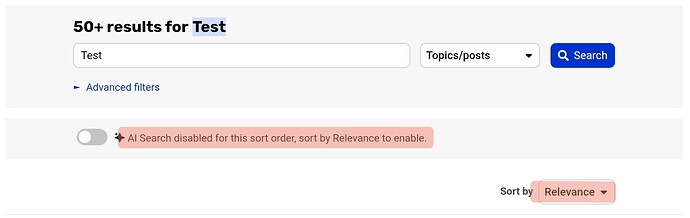 La page affiche une page de résultats de recherche avec plus de 50 résultats pour le mot-clé « Test », et une notification indiquant que la recherche par IA est désactivée pour l’ordre de tri sélectionné, qui est actuellement défini sur « Pertinence ». (Légendé par l’IA)