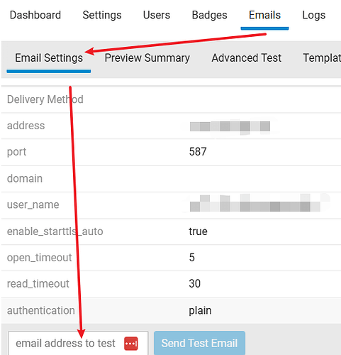 Die Abbildung zeigt eine Benutzeroberfläche zur Konfiguration von E-Mail-Einstellungen, einschließlich Details zur schreibmethode wie Adresse, Port, Domäne, Benutzername und Authentifizierungsmethode, sowie Optionen zur Vorschau einer Zusammenfassung, zum Ausführen eines erweiterten Tests, zum Zugriff auf E-Mail-Vorlagen und zum Senden einer Test-E-Mail. (Beschriftet von KI)