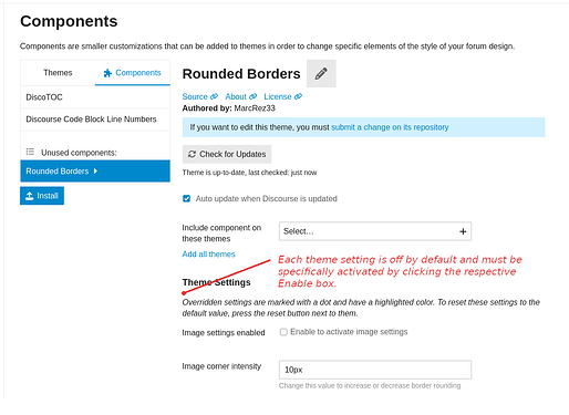 Das Bild zeigt eine Benutzeroberfläche zum Hinzufügen von „Abgerundeten Rändern“ als Komponente zu den Theme-Einstellungen auf einer Plattform, wobei jede Theme-Einstellung standardmäßig deaktiviert ist und durch Klicken auf eine bestimmte Schaltfläche aktiviert werden muss. (Beschriftet von KI)