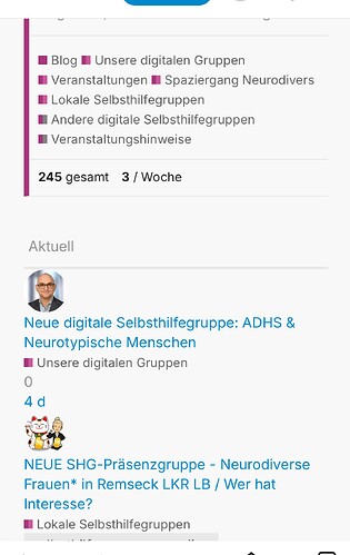 L'immagine è uno screenshot di una pagina di outreach digitale con testo in tedesco che presenta due post di blog relativi a gruppi di auto-aiuto per neurodiversi. (Beschriftet durch KI)