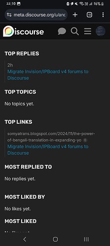 La imagen muestra la pantalla de un móvil con una interfaz oscura de Discord, mostrando el encabezado meta.discourse.org/u/anc y varias secciones como TOP REPLIES, TOP TOPICS, TOP LINKS, MOST REPLIED TO y MOST LIKED BY, todas actualmente vacías. (Subtitulado por IA)