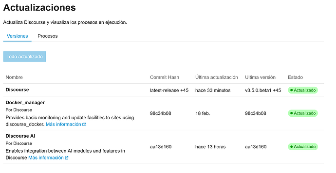 Esta imagem mostra uma lista de atualizações para a plataforma Discourse, detalhando alterações e recursos como gerenciamento do Docker e integração com IA, com seus respectivos hashes de commit, datas e status, indicando que tudo foi atualizado. (Legenda gerada por IA)