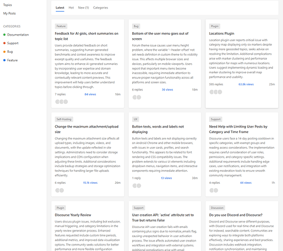 Ein Screenshot einer Forenseite mit verschiedenen Diskussionsthemen, darunter Feedback für KI-Gists, Änderungen an der maximalen Anhangs-/Uploadgröße und Integration mit Discord. (Beschriftet von KI)
