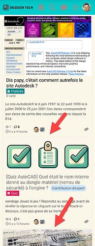 Questa immagine è uno screenshot di un sito web francese che discute del software Autodesk, incluso il logo Autodesk, le date di rilascio per le versioni R14 di AutoCAD, varie sezioni come informazioni sull'azienda, gestione dei dati AEC e una domanda di quiz su un'abbreviazione software. (Didascalia dellIA)