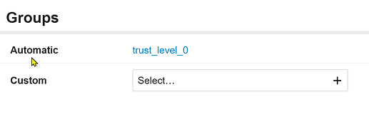 A imagem mostra uma interface de usuário com uma seção Grupos, exibindo opções para selecionar o grupo Automático e mostrar um grupo trust_level_0, juntamente com um botão Selecionar... e uma categoria Personalizado para opções adicionais. (Legenda da IA)