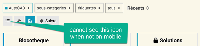 The image shows a web interface with a search query "cannot see this icon when not on mobile" highlighted by a green arrow pointing at a pencil icon, next to a navigation tab labeled "AutoCAD" and menu filters, indicating instructions or a message about the icon's visibility on mobile. (Captioned by AI)