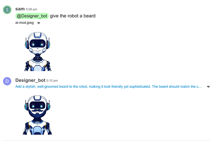 Se muestra una conversación entre los usuarios "sam" y "Designer_bot", discutiendo la adición de una barba elegante y bien cuidada a la imagen modificada por IA de un robot para que parezca amigable pero sofisticado. (Subtitulado por IA)