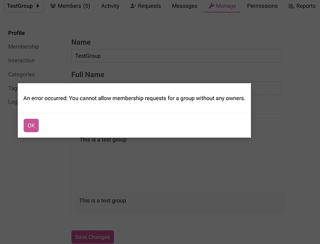 L'immagine mostra un messaggio di errore in un'applicazione software, che indica che le richieste di adesione non possono essere consentite per un gruppo senza proprietari. (Didascalia dell'IA)
