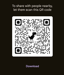 A imagem mostra um código QR com instruções para compartilhar com pessoas próximas, acompanhado por um botão de download. (Legenda da IA)