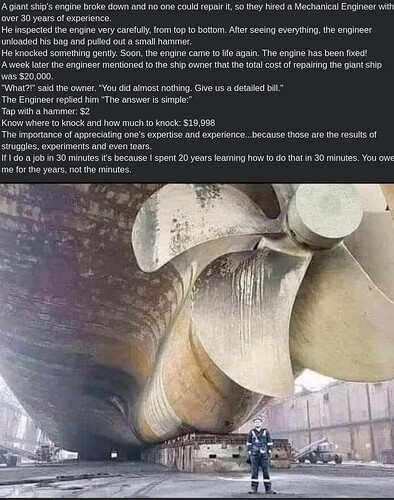 A imagem retrata humoristicamente um engenheiro consertando o motor de um navio enorme com apenas um pequeno martelo, cobrando US$ 20.000, com o detalhamento do custo dos reparos listado como US$ 2,00 para o martelo ou US$ 19.998 para expertise, enfatizando o valor da experiência sobre o tempo gasto. (Legenda gerada por IA)