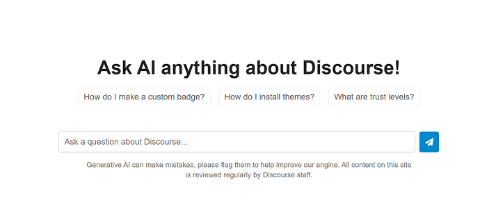 图片显示一个标题为“就 Discourse 提问”的部分，其中包含诸如“如何制作自定义徽章？”和“如何安装主题？”等建议性问题，以及一个提示就 Discourse 提问的文本框，并强调 AI 生成的内容会经过 Discourse 员工的审核。(由 AI 题注)