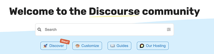 The image displays the welcome screen for the Discourse online community platform, featuring a search bar and buttons for exploring, customizing, accessing guides, and information about website hosting. (Captioned by AI)