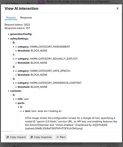 The image displays a configuration screen for a Google AI tool, outlining its service settings, key, model ID "genmin-2.0-flash," service URL, and enabled features like GeminiToKenizer and Vision. (Captioned by AI)