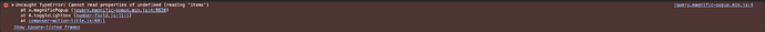 The image shows an error message stating Uncaught TypeError: Cannot read properties of undefined (reading 'in') at a specific JavaScript file location. (Légende par l'IA)