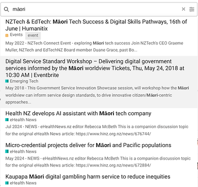 Una captura de pantalla que muestra un artículo de noticias titulado "Servicio de juego en línea Kiaupapa Maori para reducir las inequidades" de eHealth News, con artículos relacionados sobre temas como avances tecnológicos en la educación Maori, talleres de servicios digitales para servicios gubernamentales, una asociación de desarrollo de IA y proyectos de microcredenciales que benefician a las poblaciones Maori y del Pacífico. (Subtitulado por IA)