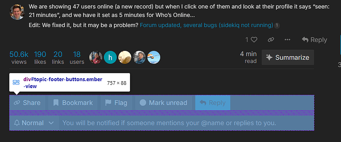 The image shows a forum post explaining a discrepancy in user online status on Who's Online, mentioning a setting of 5 minutes and an error with sidekiq not running, along with comments and interaction options. (Captioned by AI)
