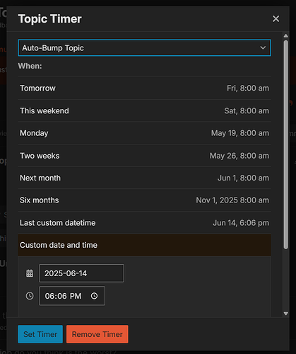 The image shows a "Topic Timer" settings menu with options to set timers or bump topics, including predefined time choices and a custom date and time input field, along with two buttons labeled "Set Timer" and "Remove Timer." (Captioned by AI)