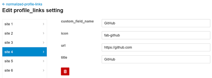 Une interface pour modifier les liens de profil GitHub, affichant des champs pour custom_field_name, icon, url et title, avec des valeurs spécifiques fournies. (Légendé par l'IA)