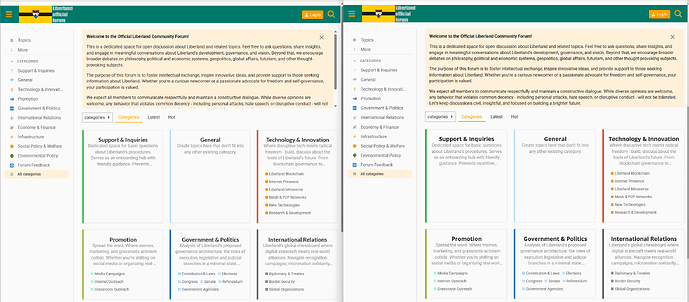 Une capture d'écran du forum communautaire officiel de Liberland, divisé en sections telles que Support et Demandes, Général, et Technologie et Innovation, détaillant des sujets tels que l'analyse des politiques et les discussions sur la gouvernance de Liberland et la technologie blockchain. (Légendé par l'IA)