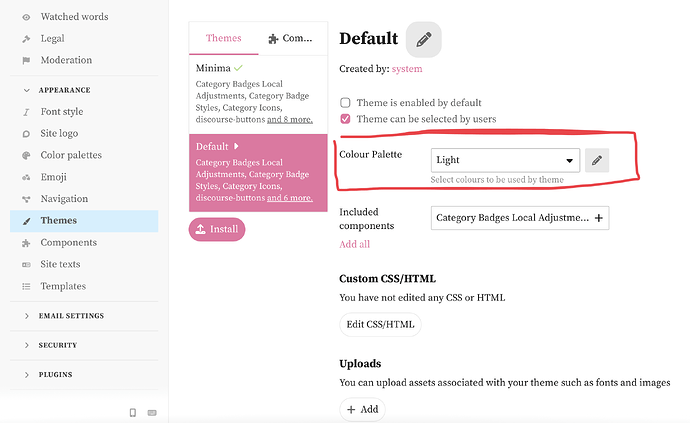 La imagen muestra una página de configuración para la personalización del tema de un sitio web con opciones para cargar imágenes de fondo, seleccionar paletas de colores y visibilidad del tema. (Subtitulado por IA)