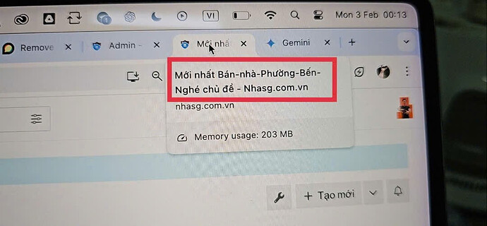 A imagem mostra uma tela de computador exibindo uma página da web intitulada "Mới nhất Bản - Nghệ chủ đẹ - Nhàsag" com seu endereço e uso de memória, como visto em uma interface de navegador da web. (Legenda por IA)