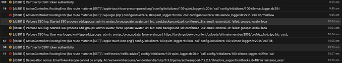 The image shows a series of error and log messages from a web application log file, indicating issues related to routing, CSRF authentication, and logging. (Captioned by AI)