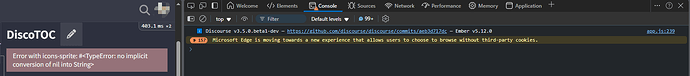 Die Abbildung zeigt ein DevTools-Konsolenfenster mit einer Fehlermeldung „#<TypeError: no implicit conversion of nil into String>“ und einem Abschnitt der Discourse-Website mit einer Nachricht über neue Funktionen im Zusammenhang mit Datenschutz. (Beschriftet von KI)