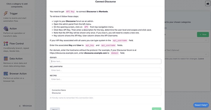 Per configurare Discourse e Monkedo dovrai inserire il tuo dominio, api_username e api_key