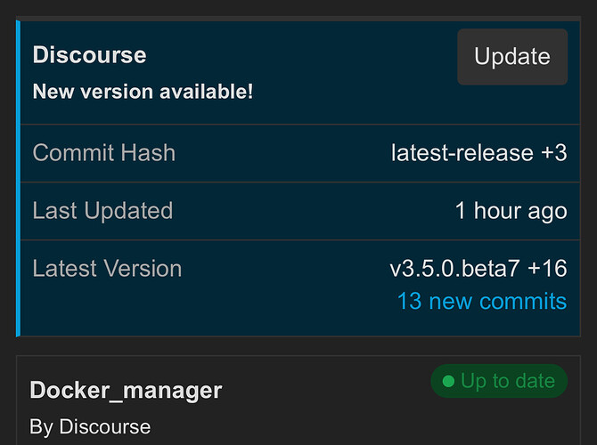 Ein dunkelblauer Bildschirm zeigt eine Discourse-Update-Benachrichtigung mit Details zum Commit-Hash, der letzten Aktualisierungszeit, der neuesten Version und dem Status des Docker-Managers. (Beschriftet von KI)