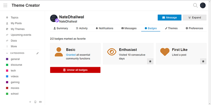 The image is a screenshot of a user profile on a social or discussion platform, featuring the user "NateDhaliwal" with three badges awarded, including Basic, Enthusiast, and First Like, with options to expand or message the user. (Captioned by AI)