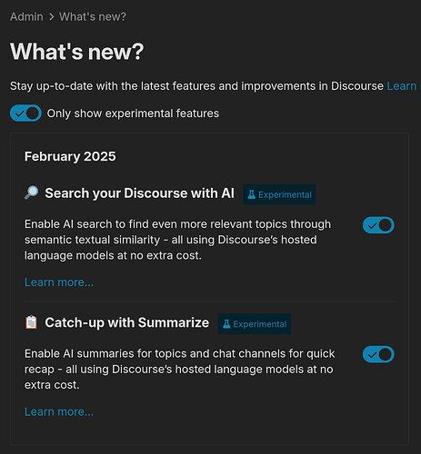 Diese Abbildung zeigt neu eingeführte experimentelle KI-Funktionen auf einer Softwareplattform und hebt KI-Suche und KI-Zusammenfassungen als wichtige Updates im Februar 2025 hervor. (Beschriftet von KI)