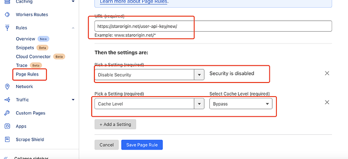 Una captura de pantalla de una página que muestra la configuración de seguridad, nivel de caché y URL para una URL específica. (Título generado por IA)