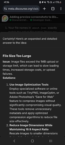 La imagen muestra la pantalla de un móvil capturando una página web que discute soluciones para manejar tamaños de archivo de imagen demasiado grandes, como el uso de herramientas de optimización de imágenes y el mantenimiento de una relación de aspecto de 16:9 para reducir el tamaño del archivo sin comprometer la calidad. (Subtitulado por IA)