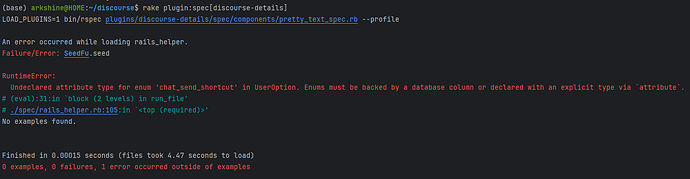 La imagen muestra un mensaje de error de una aplicación Ruby on Rails durante la carga de gemas, relacionado con atributos indefinidos en 'rake plugin' y ejemplos faltantes en el archivo 'rails_helper.rb'. (Subtitulado por IA)