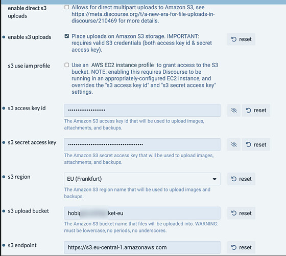 A imagem mostra uma página de configurações de upload de arquivos para o Amazon S3, incluindo opções para ID da chave de acesso s3, chave secreta de acesso, região, bucket e endpoint. (Legenda por IA)
